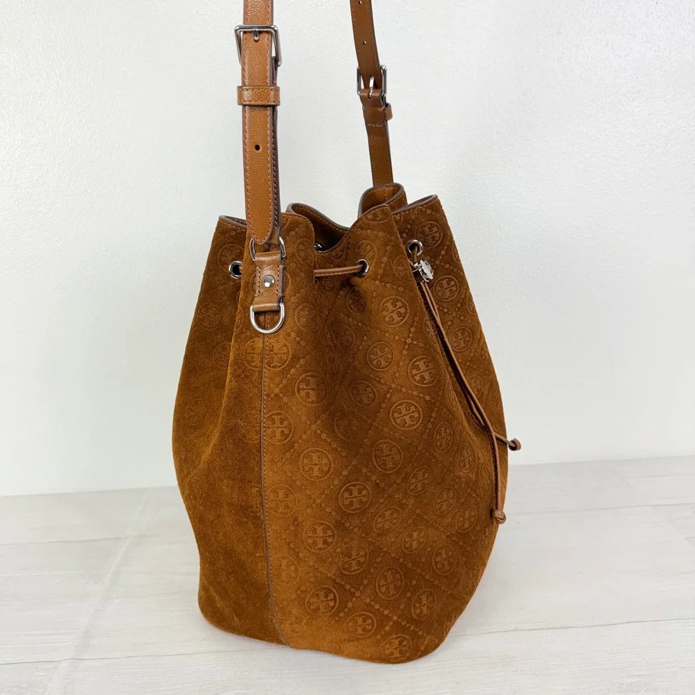 NWT Tory Burch T Monogram Suede Oversized Bucket Bag OS Chicory Brown Drawstring